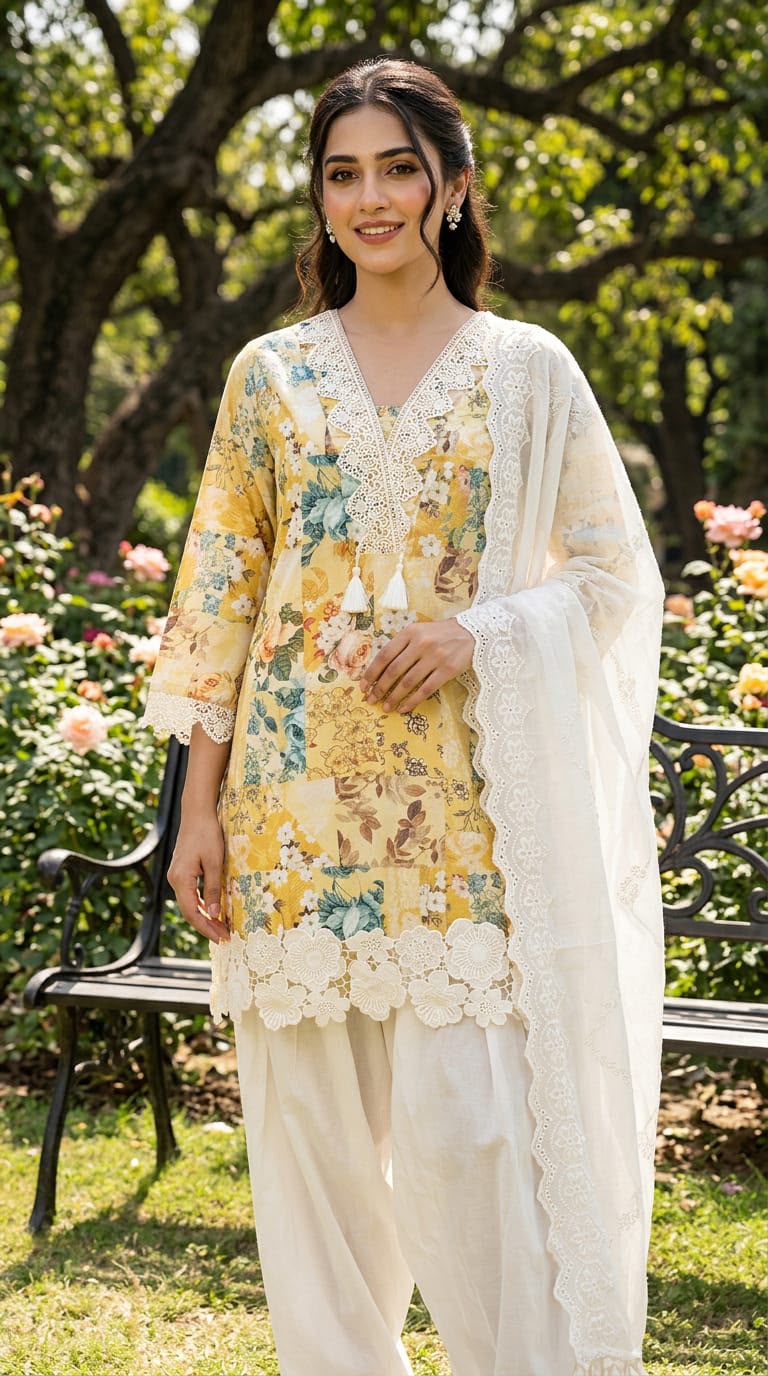 Yellow Floral Print with white lace